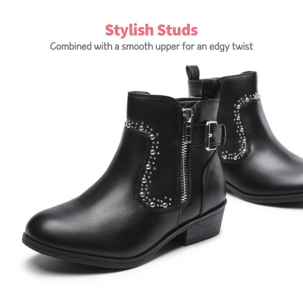 Girls Low Heel Zipper Ankle Boots - BLACK - 1